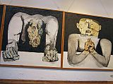 Ecuador Quito Guayasamin 2-09 Museo Guayasamin Reunion en El Pentegono III and IV Oswaldo Guayasamns great triumph is his disturbing Edad de la Ira (Age of Wrath / Anger) series, where massive canvases tower over you with repetitive images of giant clenched hands, faces screaming in agony, skeletal figures that look utterly defeated and bodies in positions of torture. The Reunion en El Pentegono (1970, Meeting at the Pentagon) is a set of five large 179cm x 179cm canvases, with III and IV shown here